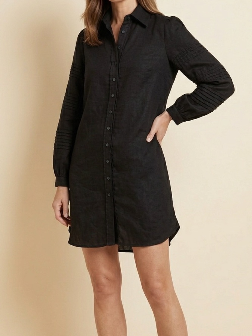 Anne Fontaine Black Linen Button Down Puff Sleeve Dress Size 38